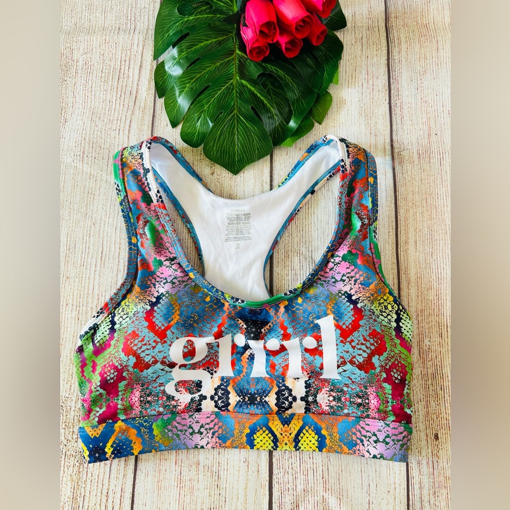 Grrrl Women’s Colorful Animal Print Logo Raceback Sports Bra NWOT